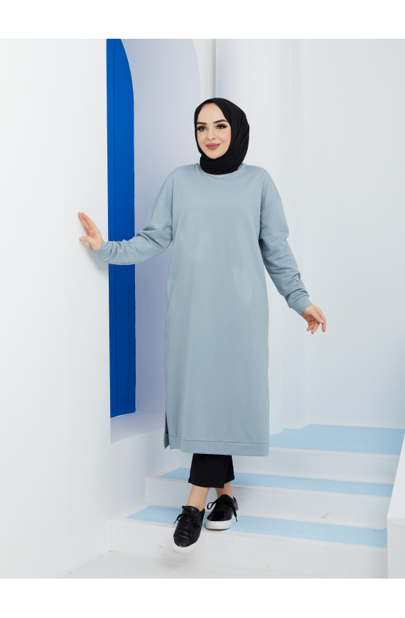 Uzun Yan Yırtmaçlı Çift Cepli Tesettür Tunik 3022 KÜF MAVİ